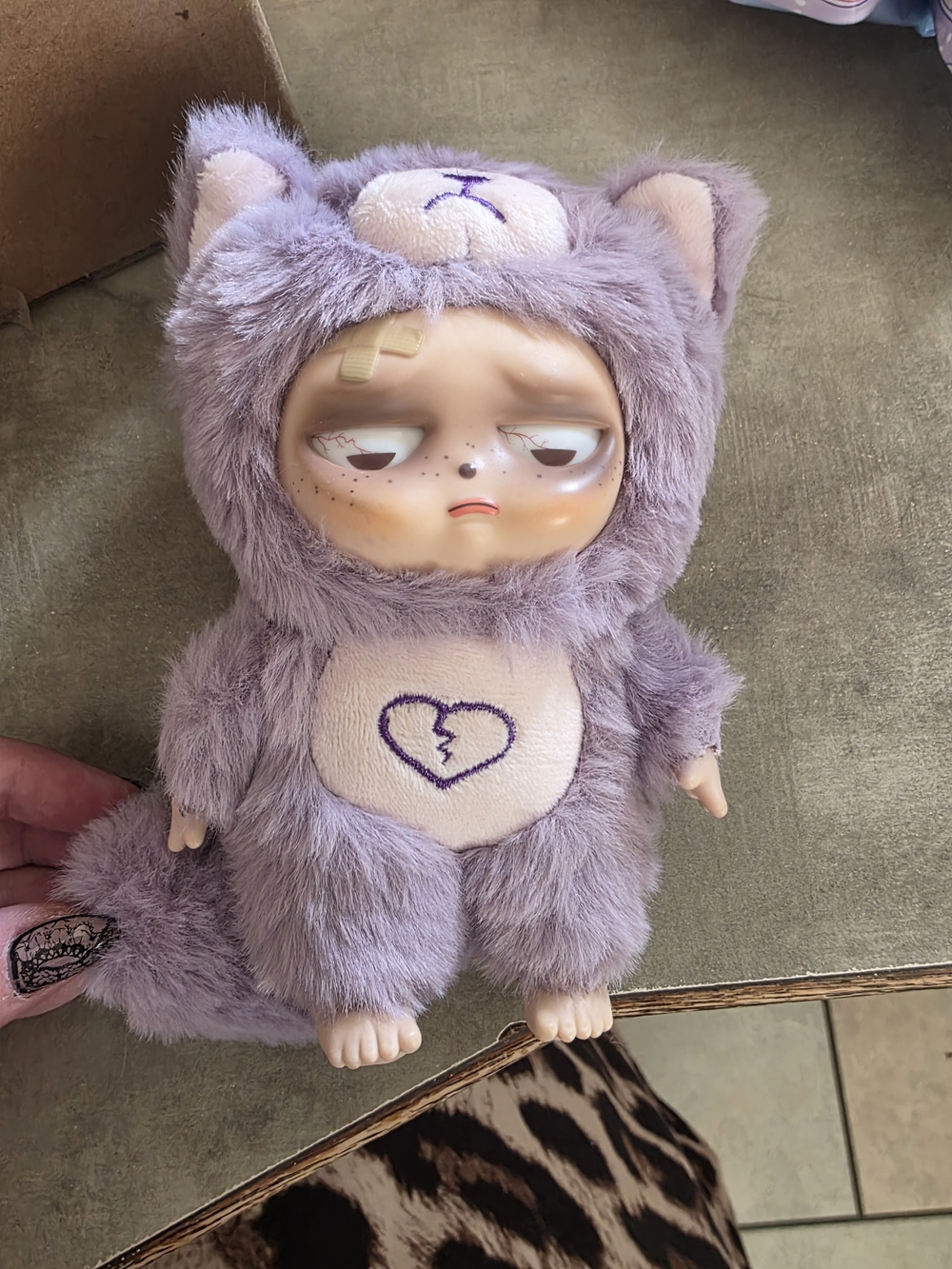 Lavender Plush Cat Costume Doll with Embroidered Heart